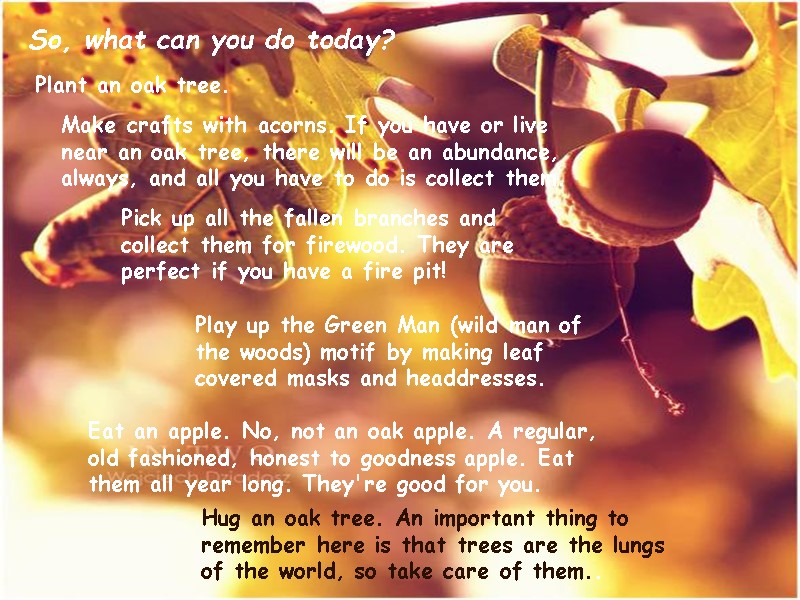 So, what can you do today? Plant an oak tree. Make crafts with acorns.